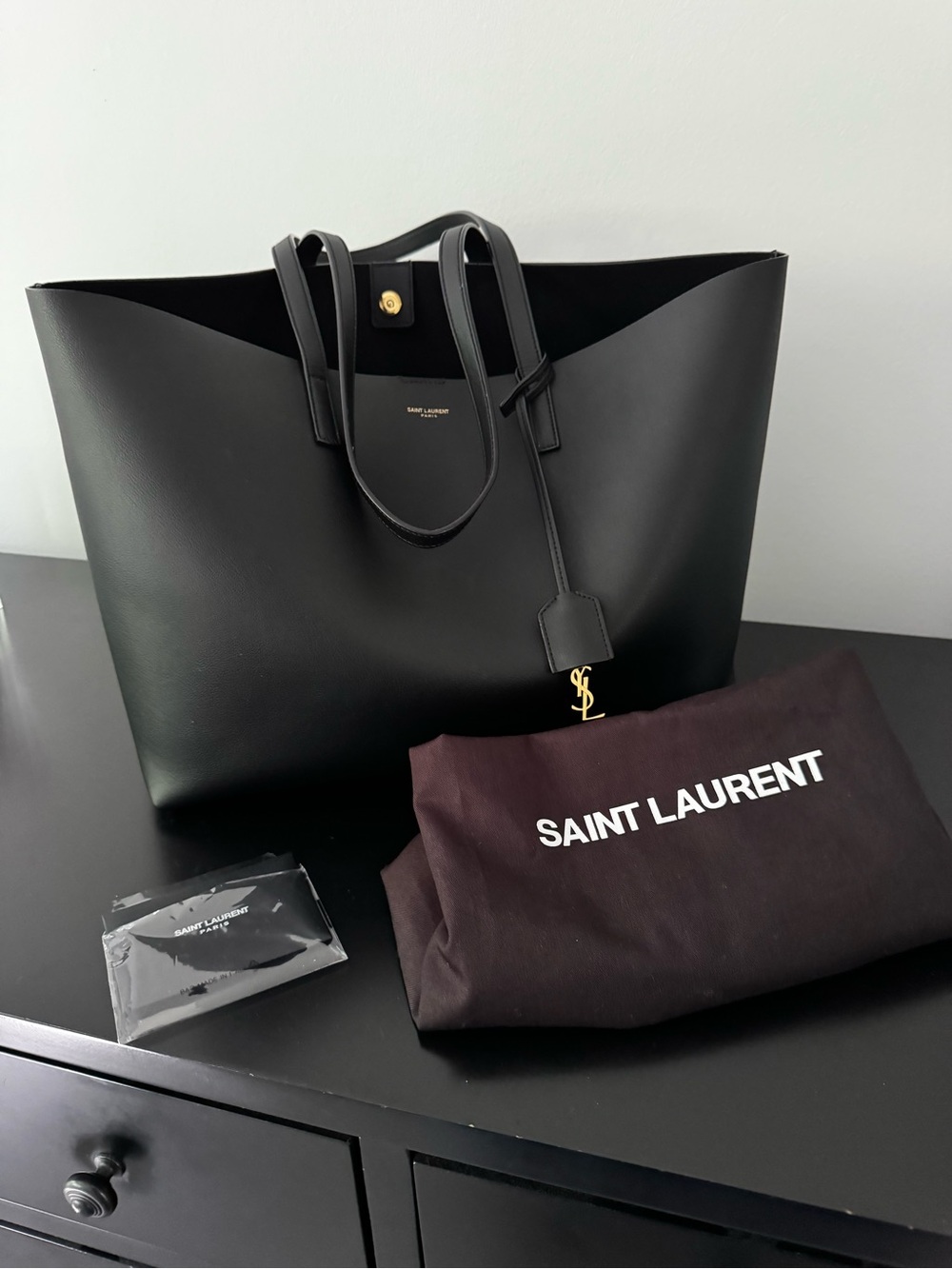 Saint Laurent Black Leather Tote with Gold YSL Tag